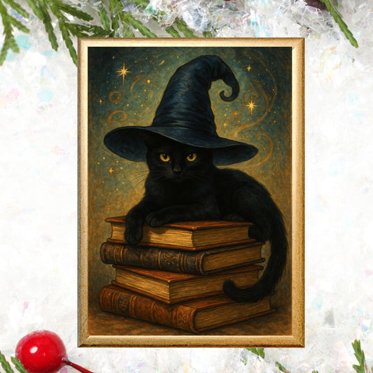 4 x Postkarten - magische Weihnachten | Katze, Bibliothek, Feder & Globus