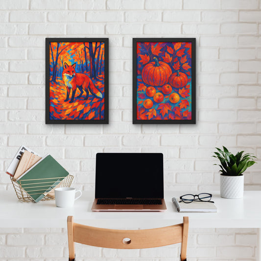 3x Herbst Poster  Fauvismus Kunst in kräftigen Farben, Auswahl: Fuchs, Kürbisse & Waldweg  moderne Wandkunst