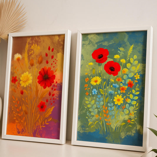 2er Set Sommer & Herbstblumen“ Poster  brillante Kunstdrucke in leuchtenden Farben  florale Wanddeko